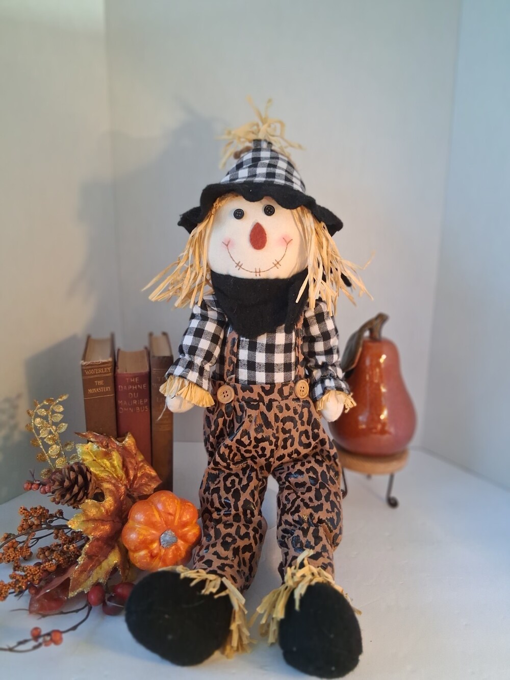 Hobby Lobby Fall Scarecrow Shelf Sitter 24" w/ Unique LEOPARD 🐆 Print Accents!